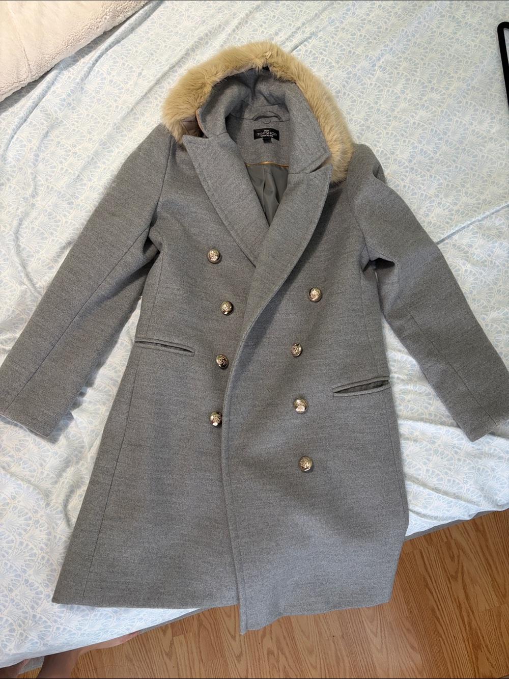 Top Shop Gray Double-Breasted Coat with removable Faux Fur Hood